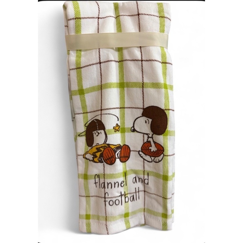 Rae Dunn Peanuts Snoopy Flannel and Football Kitchen Towels Set of 2 Green Plaid